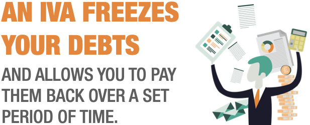 AN IVA FREEZES YOUR DEBTS  AND ALLOWS YOU TO PAY THEM BACK OVER A SET PERIOD OF TIME.